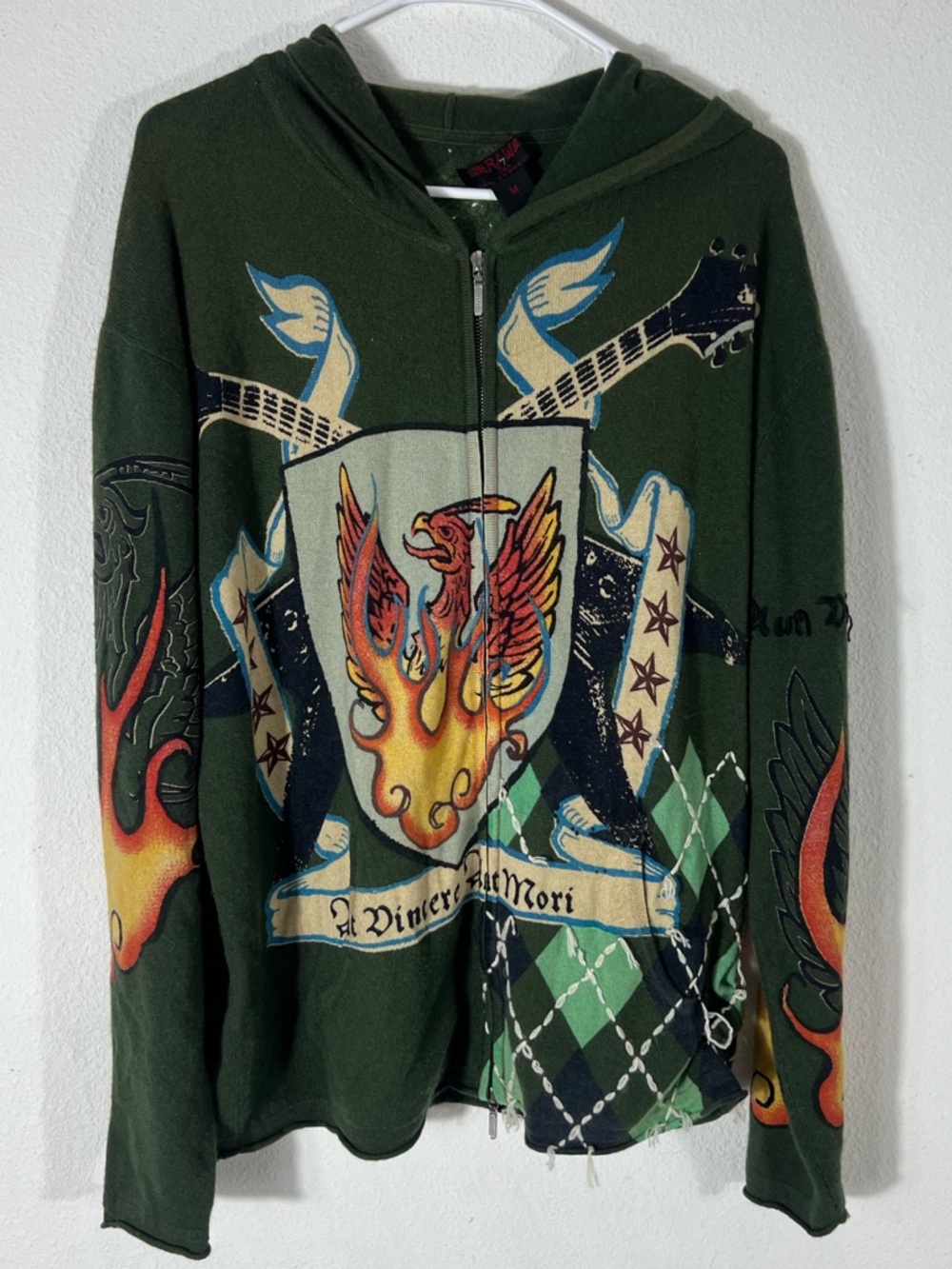 Raw 7 USA 100% Cashmere Graphic Zip Hoodie Phoenix Argyle Tattoo Print